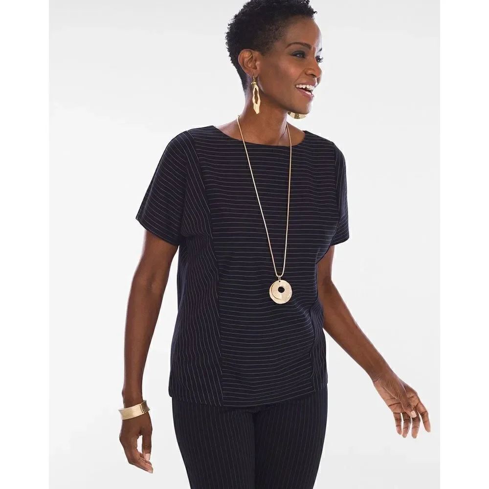 Womens Chico’s Chicos Black Pinstripe Ponte Knit Tee Shirt Top - Sz 2 ( L )
